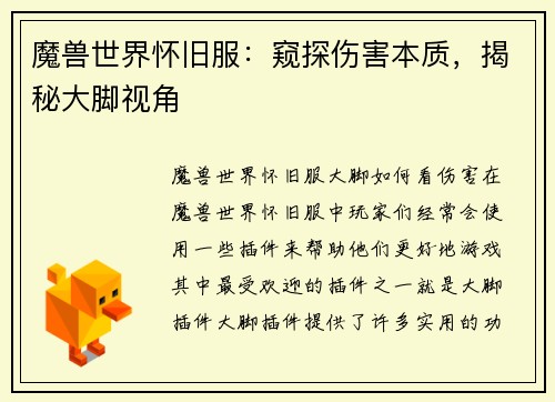 魔兽世界怀旧服：窥探伤害本质，揭秘大脚视角
